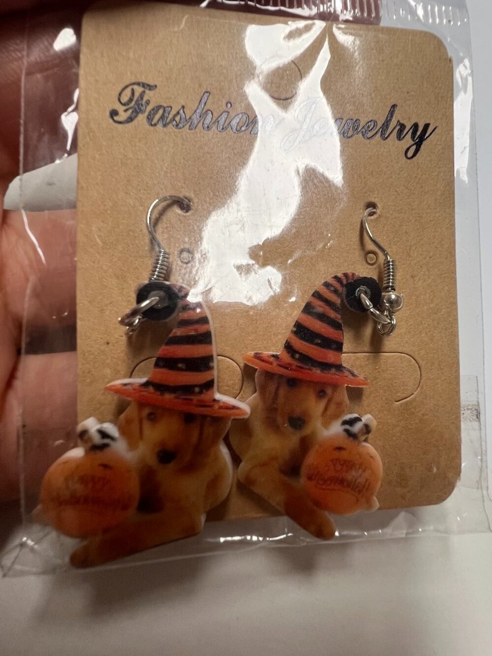 Halloween Witch Dog Dangle Earrings Pumpkin Orange Black Spooky Costume Jewelry